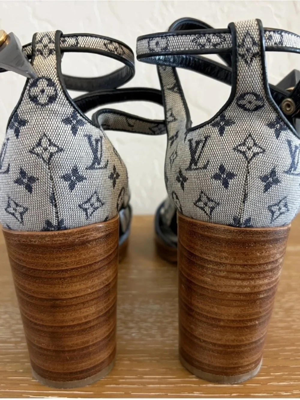 Louis Vuitton Monogram Denim Strappy Platform Sandals in Blue and Brown